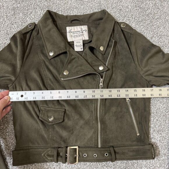 American Rag Cie Jacket Womens Medium Green Faux Suede Moto Belted Biker Cropped - Picture 12 of 14